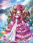  blue_eyes blue_sky brown_hair cloud day dress flower frilled_dress frills fumi_(butakotai) hair_rings hat hat_flower lake long_hair looking_at_viewer luck_&amp;_logic outdoors outstretched_hand petals pink_dress pink_hair rose sky solo standing thorns very_long_hair water waterfall wide_sleeves 
