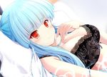  bangs black_bra blue_hair blunt_bangs blush bra breasts cleavage collarbone commentary_request eyebrows eyebrows_visible_through_hair lace lace-trimmed_bra lace_bra large_breasts long_hair looking_at_viewer maritchi pillow red_eyes ring_dream smile solo underwear unmoving_pattern yuki_onna_(ring_dream) 