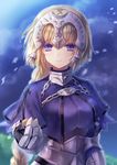  armor bangs black_gloves blonde_hair braid breasts capelet chain closed_mouth cloud cloudy_sky commentary_request day eyebrows_visible_through_hair fate/apocrypha fate_(series) gauntlets gloves grass headpiece hi-na1 highres jeanne_d'arc_(fate) jeanne_d'arc_(fate)_(all) large_breasts long_hair looking_at_viewer outdoors plackart purple_capelet purple_eyes reaching_out single_braid sky smile solo upper_body wind 
