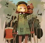 axe blonde_hair blood bloody_clothes carrying_over_shoulder coat fate/grand_order fate_(series) log looking_at_viewer mo_(mocopo) pantyhose paul_bunyan_(fate/grand_order) short_hair smile tree weapon yellow_eyes 