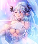  arm_behind_back bare_shoulders blue_hair bow_(bhp) breasts cleavage flower granblue_fantasy hair_flower hair_ornament horns izmir large_breasts long_hair mole mole_under_mouth navel pointy_ears red_eyes smile solo underboob underboob_cutout very_long_hair 