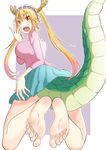  barefoot blonde_hair breasts casual dragon_girl dragon_horns dragon_tail feet highres horns kobayashi-san_chi_no_maidragon large_breasts leafar long_hair looking_at_viewer open_mouth slit_pupils smile soles solo tail toes tooru_(maidragon) twintails 