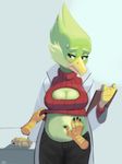  anthro avian avian_(starbound) beak belly belly_rub bird blush breasts clipboard clothing crinaia digital_drawing_(artwork) digital_media_(artwork) disembodied_hand doctor female fishboner_(artist) keyhole_turtleneck navel non-mammal_breasts skulcrumpa starbound sweat sweater video_games 