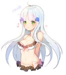  ahoge arms_behind_back bikini blush breasts character_name cleavage eyebrows_visible_through_hair frilled_bikini frills girls_frontline green_eyes heart hk416_(girls_frontline) large_breasts long_hair looking_at_viewer navel no_legs silver_hair simple_background solo swimsuit tp_(kido_94) upper_body white_background 