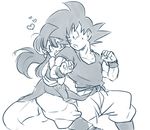  1girl black_eyes chi-chi_(dragon_ball) chinese_clothes clenched_hands closed_eyes couple dougi dragon_ball eyebrows_visible_through_hair greyscale happy heart hetero hug hug_from_behind long_hair looking_back monochrome nervous open_mouth ponytail short_hair simple_background smile son_gokuu spiked_hair sweatdrop tkgsize white_background wristband 