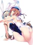  anchor animal_ears ass black_ribbon blue_eyes blue_leotard bow breasts brown_eyes brown_hair bunny_ears bunny_tail bunnysuit commentary_request detached_collar hat hat_bow kantai_collection leotard min-naraken multiple_girls navel one_eye_closed open_mouth panties ribbon sailor_collar sailor_hat sidelocks simple_background small_breasts strapless strapless_leotard striped striped_panties swimsuit tail underwear white_background white_hat white_leotard z1_leberecht_maass_(kantai_collection) z3_max_schultz_(kantai_collection) 