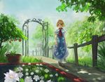  alice_margatroid blonde_hair blue_eyes blush boots brown_footwear closed_mouth eyebrows_visible_through_hair fjsmu garden hairband highres looking_at_viewer short_hair smile solo touhou white_legwear 