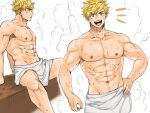  1boy abs bara bunkichi_(bun005) granblue_fantasy green_eyes hand_on_hip large_pectorals looking_at_viewer looking_away male_focus muscular muscular_male navel nipples open_mouth pectorals sitting smile solo steam sweat sweatdrop thighs towel towel_around_waist vane_(granblue_fantasy) 