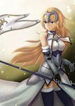  absurdres armor black_legwear blonde_hair blue_eyes breasts eyebrows_visible_through_hair fate/apocrypha fate/grand_order fate_(series) flag headpiece highres holding holding_flag jeanne_d'arc_(fate) jeanne_d'arc_(fate)_(all) large_breasts long_hair looking_away mira-sumter solo thighhighs 