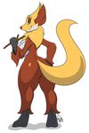  2016 4_fingers absurd_res anthro breasts brown_nose butt canine delphox digital_media_(artwork) female fur green_eyes hi_res inner_ear_fluff kingbeast looking_at_viewer looking_back mammal nintendo pok&eacute;mon rear_view simple_background smile solo standing video_games white_background 