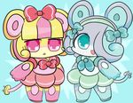  2girls artist_requset blonde_hair furry mouse multiple_girls open_mouth pink_hair red_eyes teal_eyes two-tone_hair 