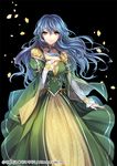  blue_hair copyright_name dress green_dress green_eyes hand_on_own_chest interitio looking_at_viewer official_art petals sid_story smile solo 