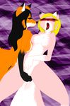  black_fur black_hair blonde_hair blush breasts canine digital_media_(artwork) duo eyes_closed female female/female fur green_eyes hair hybrid lila_fox mammal nude orange_fur pink_fur psycoticsnake roketchu spreading tongue tongue_out white_fur wolf 