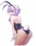  absurdres animal_ears ass bare_shoulders bright_pupils brown_legwear bunny_ears bunny_girl bunny_tail bunnysuit cowboy_shot cropped_legs detached_collar fake_animal_ears from_behind grin hairband highres leaning_forward mochi_(mochi444420) pantyhose profile purple_eyes purple_hair short_hair_with_long_locks shoulder_blades sidelocks simple_background smile solo tail vocaloid voiceroid white_background white_pupils wrist_cuffs yuzuki_yukari 