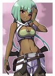  :p armlet bangs bare_shoulders blunt_bangs bob_cut bracelet breasts cleavage cowboy_shot crop_top dark_skin emerald_sustrai eyebrows_visible_through_hair gazacy_(dai) green_hair hand_on_own_face highres jewelry looking_at_viewer looking_back medium_breasts midriff navel pants pink_eyes rwby short_hair_with_long_locks sleeveless solo stomach tongue tongue_out white_pants 