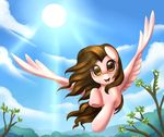  brown_eyes brown_hair day detailed_background equine fan_character feathered_wings feathers female feral hair hooves mammal my_little_pony outside pegasus pink_feathers pridark sky smile solo wings 