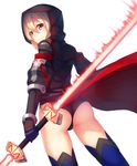  arm_guards artoria_pendragon_(all) ass bangs black_panties blonde_hair blue_legwear closed_mouth commentary_request double-blade energy_sword fate/grand_order fate_(series) from_behind hair_between_eyes holding holding_sword holding_weapon hood hood_up hooded_coat lightsaber looking_at_viewer looking_back munuu mysterious_heroine_x_(alter) panties red_eyes shaded_face simple_background solo star_wars sword thighhighs thighs underwear weapon wedgie white_background 
