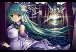  breast_press breasts cafeore detached_sleeves eyebrows_visible_through_hair frog frog_hair_ornament green_eyes green_hair hair_ornament hair_tubes kochiya_sanae large_breasts letterboxed long_hair looking_at_viewer parted_lips sky snake solo star_(sky) starry_sky sunrise touhou water wind 