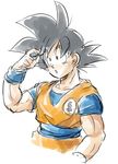  :o black_eyes black_hair dougi dragon_ball dragon_ball_z eyebrows_visible_through_hair hand_in_hair male_focus open_mouth simple_background solo son_gokuu spiked_hair tkgsize white_background wristband 