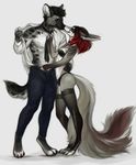  anthro bra canine clothed clothing duo female fox hyena kissing legwear levelviolet lingerie male male/female mammal necktie open_shirt smile standing stockings underwear 