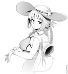  adjusting_clothes adjusting_gloves batsu bikini braid breasts commentary_request expressionless fate/grand_order fate_(series) florence_nightingale_(fate/grand_order) from_side gloves greyscale half-closed_eyes hat large_breasts looking_at_viewer monochrome putting_on_gloves shirt_on_shoulders sidelocks simple_background solo sun_hat swimsuit twitter_username underboob upper_body 