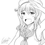  anchor artist_name commentary english_commentary greyscale kantai_collection kashima_(kantai_collection) looking_at_viewer monochrome open_mouth sailor_collar salute signature sketch smile solo twintails wangphing wavy_hair 