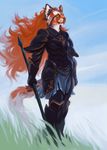  anthro armor clothed clothing feline female fur hair levelviolet mammal melee_weapon polearm red_hair simple_background solo spear standing weapon 