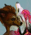  anthro canine duo female fennec fox fur hair levelviolet looking_back male mammal simple_background smile whiskers 