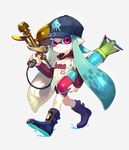  aerospray_(splatoon) akira_hou aqua_hair bad_id bad_pixiv_id baseball_cap baseball_uniform bike_shorts black_shorts blue_footwear boots closed_mouth domino_mask full_body grey_background hat holding holding_weapon hood hoodie inkling inkstrike_(splatoon) long_hair long_sleeves looking_at_viewer mask pointy_ears purple_eyes shirt short_over_long_sleeves short_sleeves shorts single_vertical_stripe solo splatoon_(series) sportswear standing tentacle_hair walking weapon white_shirt 