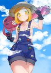  aano_(10bit) black_gloves blonde_hair chainsaw fate/grand_order fate_(series) giantess gloves hat highres looking_at_viewer naked_overalls no_bra overalls paul_bunyan_(fate/grand_order) yellow_eyes 