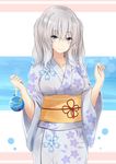  alternate_costume blue_eyes collarbone eyebrows_visible_through_hair hair_between_eyes highres japanese_clothes kantai_collection kashima_(kantai_collection) kimono looking_at_viewer medium_hair no_hat no_headwear obi saku_(kudrove) sash silver_hair smile solo summer_festival two_side_up water_yoyo wide_sleeves 