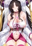  absurdres ass_visible_through_thighs bare_shoulders black_hair blush breasts cleavage collarbone detached_sleeves eyebrows_visible_through_hair facial_mark fate/extra fate/extra_ccc fate_(series) forehead_mark hews_hack highres horns large_breasts legs_together lips long_hair looking_at_viewer mouth_hold navel paid_reward patreon_reward ribbon sesshouin_kiara sideboob smile solo thigh_gap thighhighs thighs veil very_long_hair yellow_eyes 