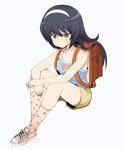  animal_print backpack bag bangs bear_print black_hair blue_shirt brown_eyes brown_shorts camisole casual closed_mouth cross-laced_footwear elbows_on_knees full_body girls_und_panzer hairband heart heart_print henyaan_(oreizm) long_hair pink_footwear pink_legwear print_legwear randoseru reizei_mako shirt shoes short_shorts shorts simple_background sitting sneakers socks solo sweatdrop white_background white_hairband 