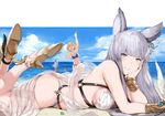  3girls absurdres animal_ears bangs beach bikini black_hair blonde_hair blue_eyes blunt_bangs blush breasts brown_eyes chin_rest cleavage day djeeta_(granblue_fantasy) erune granblue_fantasy grin hews_hack highres huge_filesize innertube korwa large_breasts long_hair looking_at_viewer lunalu_(granblue_fantasy) lying multiple_girls navel on_stomach open_mouth paid_reward patreon_reward percival_(granblue_fantasy) purple_eyes red_eyes red_hair shell shoes short_hair silver_hair smile swimsuit 