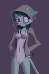  2017 anthro barbadosslim bottomless breasts cat clothed clothing dreamkeepers feline female fur green_fur green_hair grey_background hair lilith_calah mammal navel nipples open_shirt purple_eyes pussy simple_background solo white_belly white_fur 