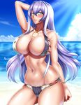  absurdres arm_behind_head arm_up beach bikini blue_eyes blue_sky blush breasts cleavage cloud commentary_request contrapposto day eyebrows_visible_through_hair hair_between_eyes highres isabelle_(shadowverse) jewelry large_breasts lips long_hair looking_at_viewer multicolored_hair nail_polish navel necklace outdoors parted_lips purple_hair shadowverse skindentation sky solo standing swimsuit tama_(tamakaka1031) teeth very_long_hair water 