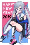  1girl 2019 arm_support bangs bare_shoulders black-framed_eyewear black_jacket black_skirt blue_eyes blue_footwear blue_nails blue_neckwear collared_shirt commentary_request cross-laced_footwear earrings eating food food_request glasses grey_hair hair_ornament hair_ribbon hand_up happy_new_year highres holding holding_food jacket jewelry kneehighs knees_together_feet_apart knees_up long_hair long_sleeves looking_at_viewer miniskirt mismatched_footwear multicolored multicolored_hair multicolored_nails nail_polish neck_ribbon new_year off_shoulder original pencil_skirt pink_footwear pink_hair pink_nails pink_ribbon ribbon shide shirotsuna shirt shoes sidelocks sitting skirt sleeveless sleeveless_shirt sleeves_past_wrists sneakers solo streaked_hair thighs twintails very_long_hair white_legwear white_neckwear white_shirt 
