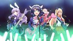  animal_ears bell black_hair black_ribbon blonde_hair blue_eyes blush bow bunny_ears cang_you_xi cat_ears chuchu_(show_by_rock!!) closed_mouth cyan_(show_by_rock!!) drum drum_set eyebrows_visible_through_hair hair_ribbon holding holding_instrument instrument long_hair looking_at_viewer looking_away microphone microphone_stand moa_(show_by_rock!!) multiple_girls music open_mouth orange_skirt pink_bow pink_hair playing_instrument purple_eyes purple_hair retoree ribbon short_hair show_by_rock!! sitting skirt smile twintails 