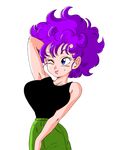  1girl arm_up armpits bare_arms bare_shoulders blue_eyes breasts dragon_ball green_pants large_breasts mole mole_under_eye one_eye_closed pants purple_hair ranfan short_hair simple_background sleeveless smile solo standing transparent_background wavy_hair wink yamamoto_doujin 