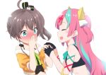  2girls ahoge blue_eyes blush bra brown_hair collarbone commentary_request covering_mouth eyes_closed gloves hair_ornament hand_holding hololive kannazuki_genshi long_hair multicolored_hair multiple_girls natsuiro_matsuri open_mouth pink_hair pinky_pop_hepburn pinky_pop_hepburn_official portrait side_ponytail simple_background tears underwear virtual_youtuber white_background 