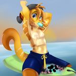  blue_eyes board_shorts breasts cleo clothing feline female flat_chested food fur ginger hair hat lion mammal marsupial nipple_piercing nipples piercing popsicle red_hair sea shirt small_breasts small_chest stripes surfing surprise theredghost thylacoleo tomboy translucent water wet wet_shirt yellow_fur 