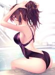  arched_back ass bangs black_swimsuit breasts brown_eyes brown_hair competition_swimsuit covered_nipples day hair_tie hair_tie_in_mouth haruka_natsuki highres indoors large_breasts legs_together light_rays long_hair looking_at_viewer looking_back mouth_hold nape one-piece_swimsuit original ponytail pool poolside profile purple_eyes sideboob sidelocks sitting solo sunbeam sunlight swimsuit thighs tying_hair wet wet_clothes 