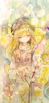  artist_name blonde_hair blush bouquet closed_eyes closed_mouth collared_shirt commentary_request crystal crystal_earrings earrings flower food fruit gem hat highres jewelry kazuka lemon lemon_slice long_hair long_sleeves necklace original puffy_sleeves shirt signature sleeve_cuffs smile solo sweater sweater_vest traditional_media turtleneck turtleneck_sweater watercolor_(medium) white_shirt 