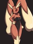  1girl animal_ears aoinu111 bare_shoulders black_background black_leotard blush breasts bunny_ears bunny_tail bunnysuit cleavage covered_navel furry hand_on_hip leotard looking_at_viewer lopunny medium_breasts navel no_humans pokemon pokemon_(creature) pokemon_dppt red_eyes simple_background smile solo standing strapless tail 