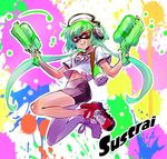  character_name commentary_request dual_wielding emerald_sustrai green_hair headphones holding iesupa masked navel rwby shoes short_hair short_hair_with_long_locks shorts sneakers solo splatoon_(series) splatoon_2 super_soaker 