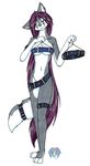  2009 anthro armband belt blue_eyes breasts canine clothed clothes_hanger clothing ear_piercing female fur green_eyes grey_fur hair heterochromia long_hair mammal piercing purple_hair shopping simple_background skimpy solo standing tail_belt tierafoxglove white_background white_fur wolf yuina 