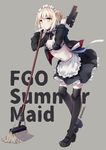  artist_name artoria_pendragon_(all) artoria_pendragon_(swimsuit_rider_alter) black_legwear blonde_hair blood breasts broom copyright_name eyebrows_visible_through_hair fate/grand_order fate_(series) gun holding holding_broom holding_gun holding_weapon looking_at_viewer maid maid_bikini maid_headdress medium_breasts navel nyanya short_hair solo thighhighs twitter_username weapon white_skin yellow_eyes 