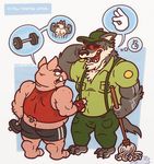  abs black_fur butt canine clothed clothing crazy-go-lucky_(artist) fur hat male mammal mop muscular muscular_male overweight overweight_male pig porcine shirt shorts simple_background size_difference speech_bubble suspenders tank_top weights white_background 