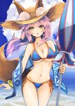  animal_ears bangs bikini blue_bikini blush bracelet breasts brown_eyes character_name cloud cloudy_sky collarbone commentary_request cowboy_shot day ears_through_headwear fate/grand_order fate_(series) floating_hair hair_between_eyes hat highres holding holding_umbrella jewelry long_hair looking_at_viewer medium_breasts navel ocean open_mouth otogi_kyouka outdoors shawl side-tie_bikini sky solo straw_hat sun_hat swimsuit tamamo_(fate)_(all) tamamo_no_mae_(fate) tamamo_no_mae_(swimsuit_lancer)_(fate) thighs umbrella wavy_hair wind 