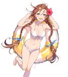  :d armpits arms_up ass_visible_through_thighs bare_legs barefoot bikini blush bow braid breasts brown_hair cleavage earrings flower front-tie_bikini front-tie_top green_eyes hair_between_eyes hair_bow hair_flower hair_ornament halterneck hibiscus innertube jewelry long_hair looking_at_viewer lying medium_breasts morikura_en navel open_mouth original simple_background smile solo swimsuit thigh_gap twin_braids very_long_hair white_background white_bikini 